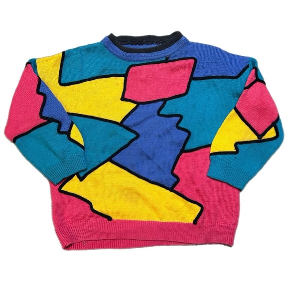 Sweaters - Vintage Colorblock Abstract Pattern Crewneck Sweater - Pink/Yellow/Blue